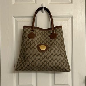 Vintage Gucci Supreme Beige Brown Fabulous Tote Bag Leather Handle Gold Accents